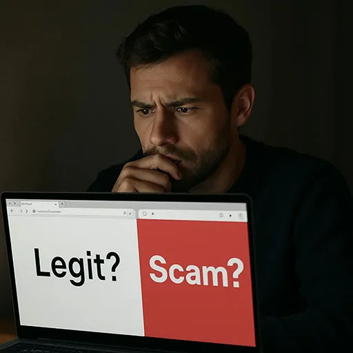 User comparing legit vs scam claims on laptop screen.