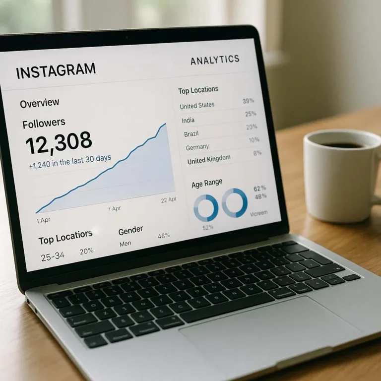 Jonathonspire Instagram growth dashboard on laptop with rising follower numbers.