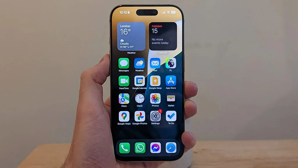 iPhone 17 Pro Max screen turned on, displaying home screen apps with bright OLED panel and smooth edges for daily use.