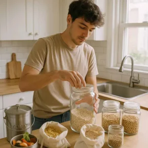 Young man practicing a zero waste lifestyle in the kitchen by storing food in glass jars and cloth bags with a compost bin of veggie scraps on the counter.