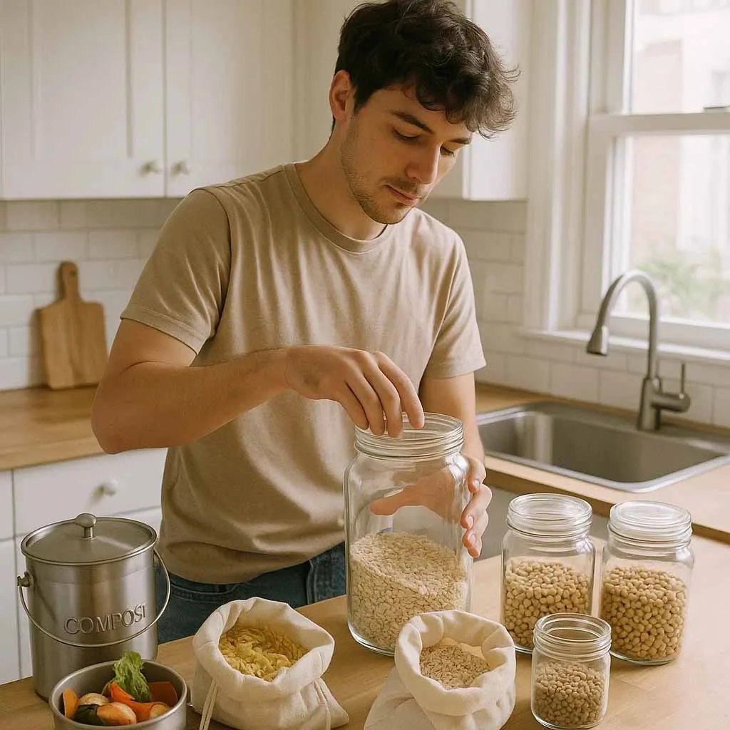 Young man practicing a zero waste lifestyle in the kitchen by storing food in glass jars and cloth bags with a compost bin of veggie scraps on the counter.