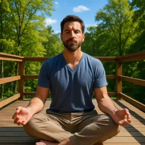 Real man meditating at a mindfulness retreat in the U.S. on a wooden deck with vibrant trees and clear blue sky.