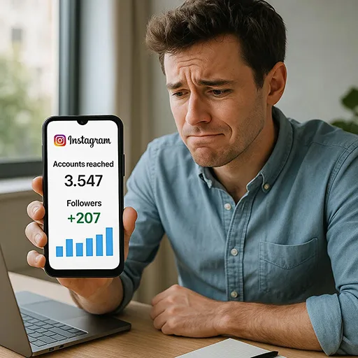 Person reviewing Instagram growth results on phone at desk.