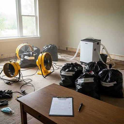Home interior with fans, dehumidifier, and a printed recovery checklist during 48-hour post-storm cleanup.