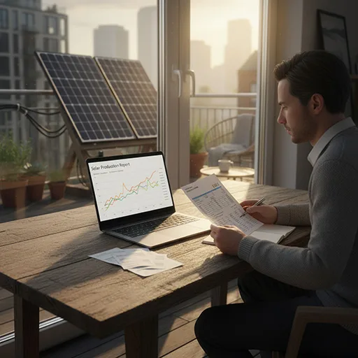 Homeowner analyzing ROI and energy savings from HMS Photovoltaik balcony solar system.