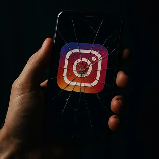 Smartphone with cracked Instagram logo symbolizing account risks.
