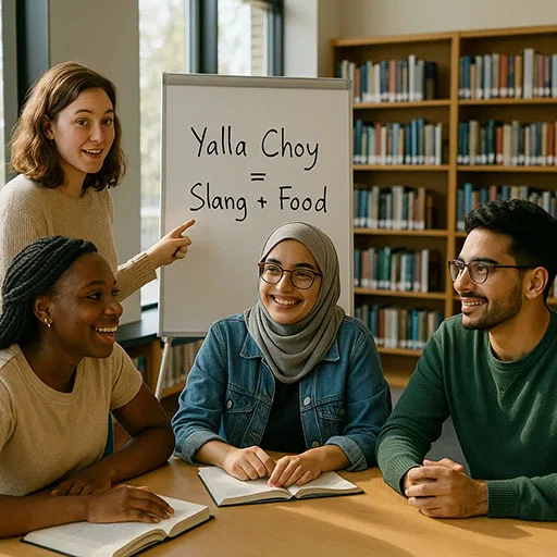 Students discussing Yalla Choy written on a whiteboard.