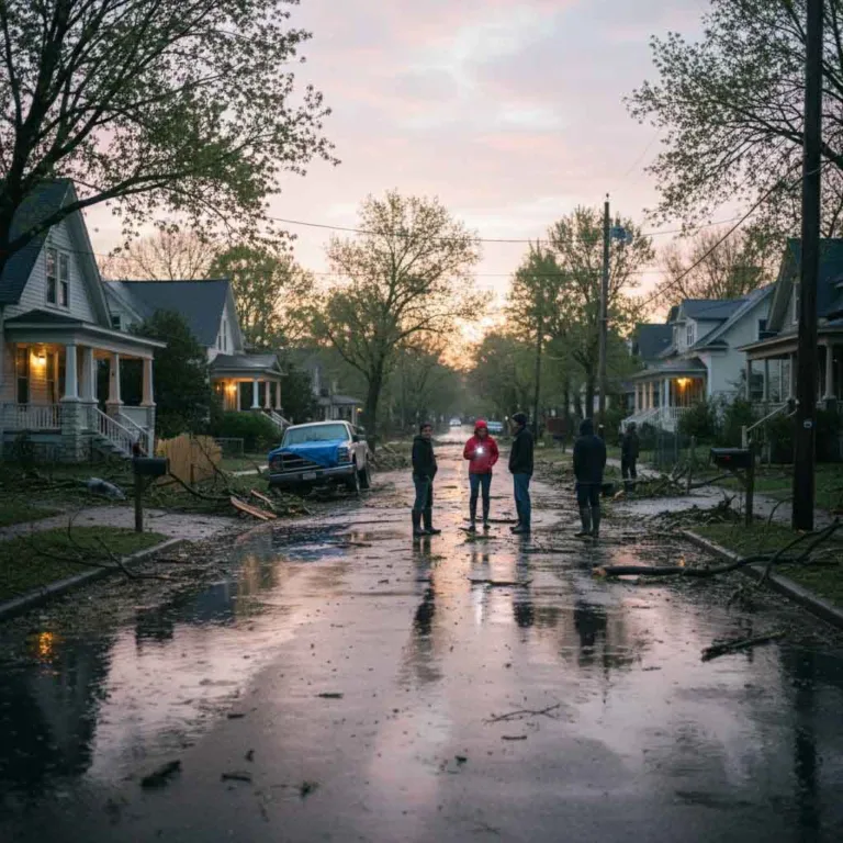 Neighbors on a wet small-town street at dawn after Stormuring, checking on each other amid broken branches and puddles.