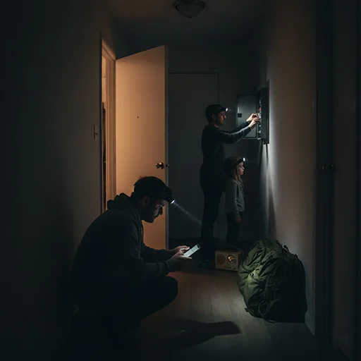 Family using headlamps to follow a safety checklist minutes after a storm—texting updates, securing power, go-bags ready.