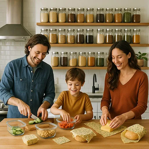 “Family preparing meals in a plastic-free kitchen with reusable jars and eco-friendly containers.