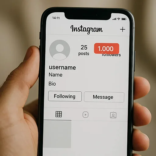 Smartphone showing Instagram profile with higher follower numbers.