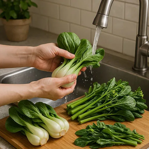 Fresh bok choy and yu choy being prepared in a kitchen.