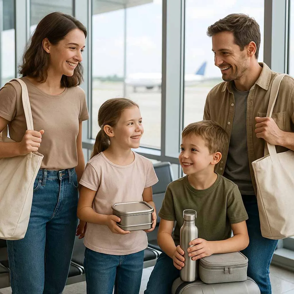 Family using reusable bottles and eco-friendly travel kits during vacation in the US.