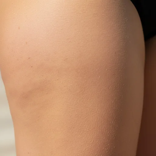 Realistic close-up of cellulite on thighs showing skin texture.