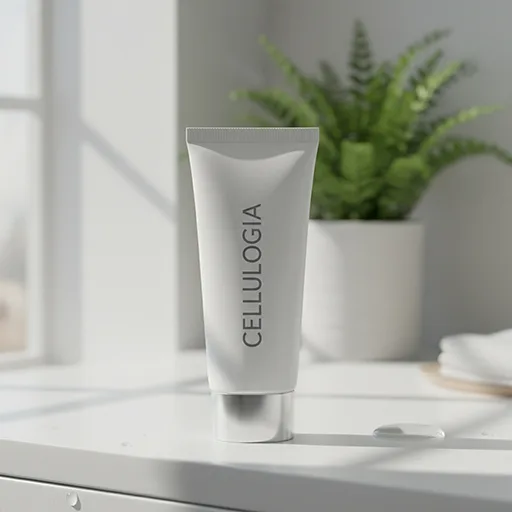 Cellulogia cream tube placed on bathroom counter in sunlight.