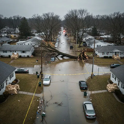 Low-altitude view of a flooded neighborhood showing road closures, downed lines, and sandbagged homes.