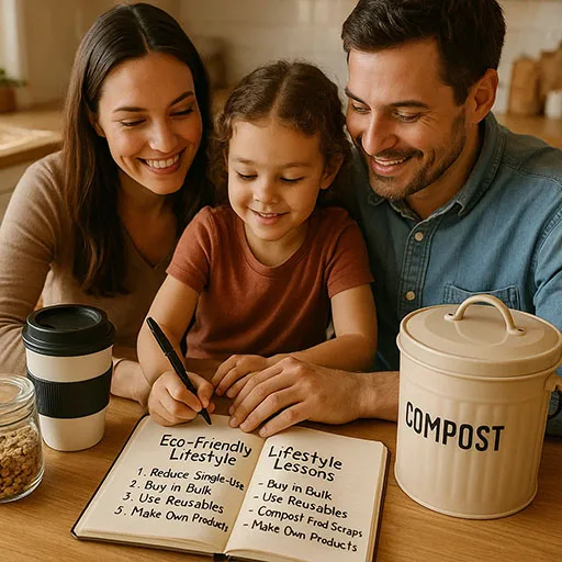 Family writing eco-friendly lifestyle lessons with reusable items on the table.