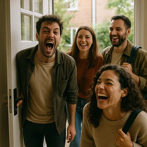 Friends joking and hurrying out the door together.