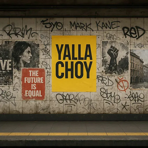 Poster with Yalla Choy phrase in a subway station.