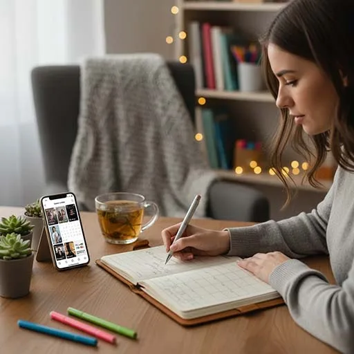 Content creator planning a short-video content calendar with a notebook and smartphone.
