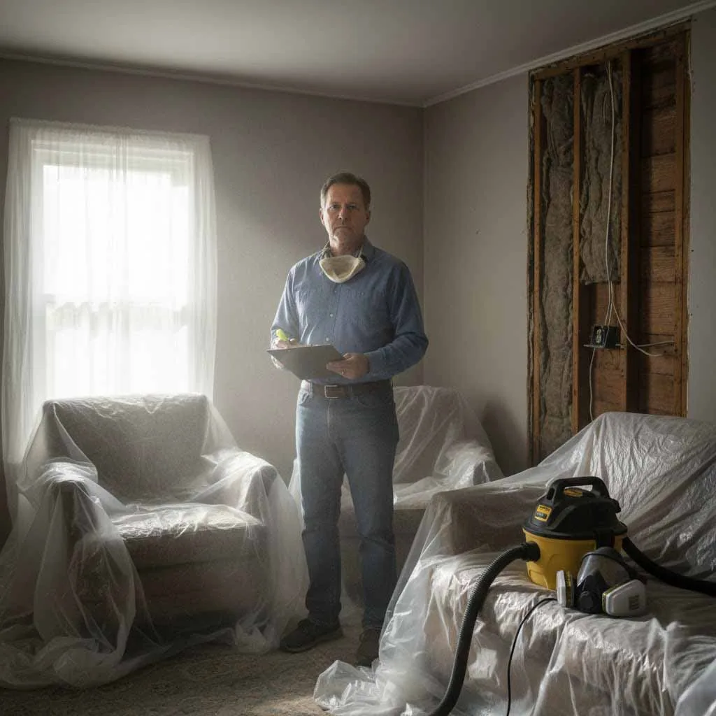 Homeowner in a dusty, partially renovated living room reviewing a safety inspection report before continuing work.