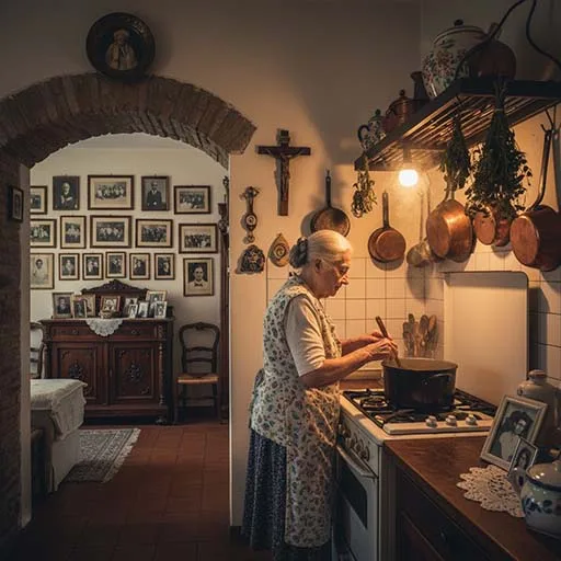Elderly Italian woman cooking in a cozy family kitchen with photos on the wall.