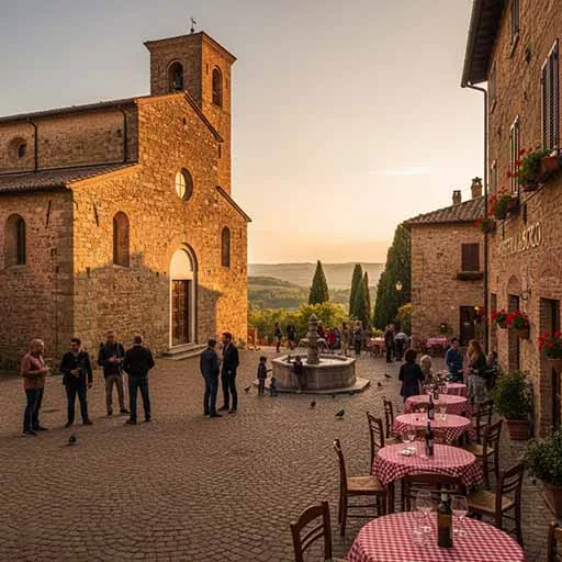 Italian village square with church, bell tower and a small trattoria.