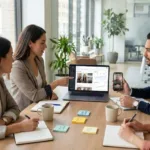 Diverse marketing team planning a TikTok content, creator, and ads strategy using a laptop and smartphone dashboards in a modern office.