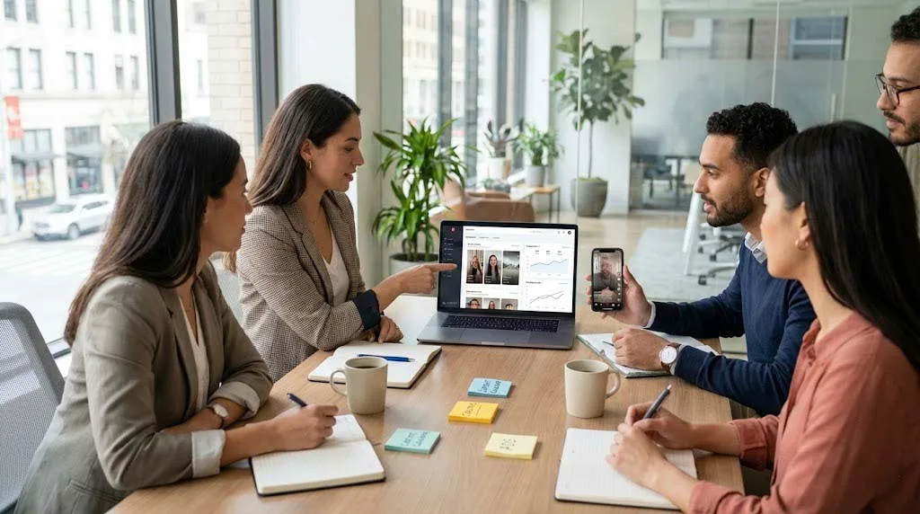 Diverse marketing team planning a TikTok content, creator, and ads strategy using a laptop and smartphone dashboards in a modern office.