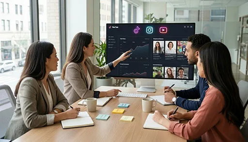 Digital marketing team analyzing social media performance dashboards.