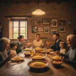 Multigenerational Italian family sharing dinner with a guest in a cozy village home.