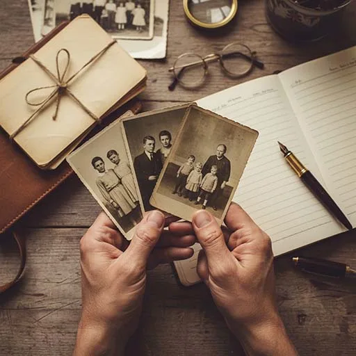 Hands holding old family photographs next to a notebook on a wooden table.
