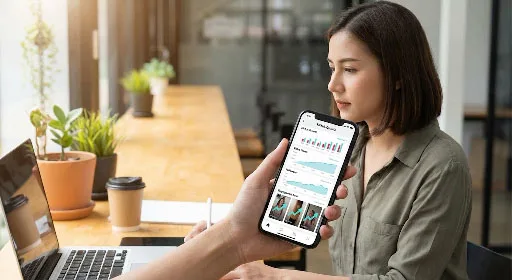Marketer viewing TikTok-style analytics on a smartphone screen.