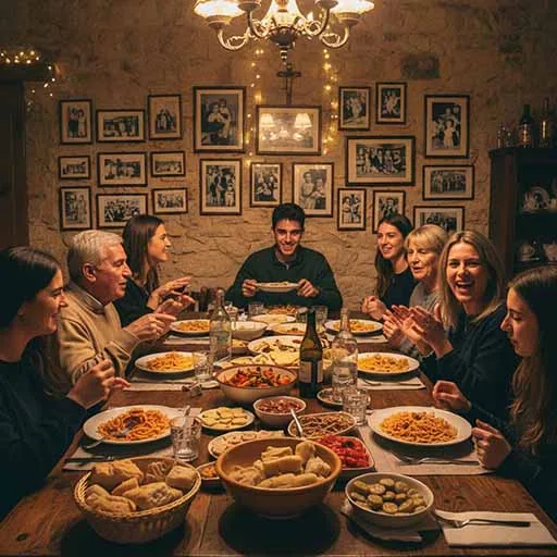 Italian family and guest sharing a lively home-cooked dinner together