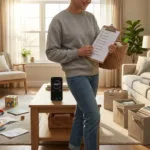 Parent using a short declutter routine and a checklist to quickly reset a family living room.