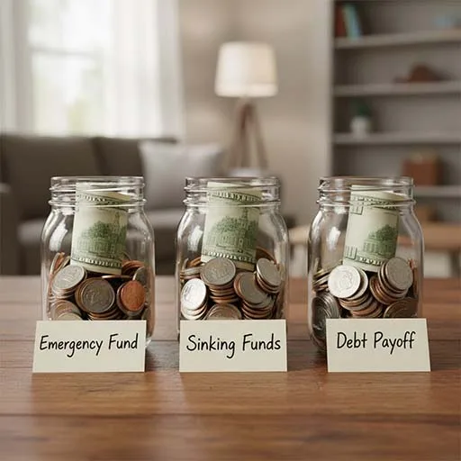 Glass jars labeled emergency fund, sinking funds, and debt payoff filled with coins and cash.