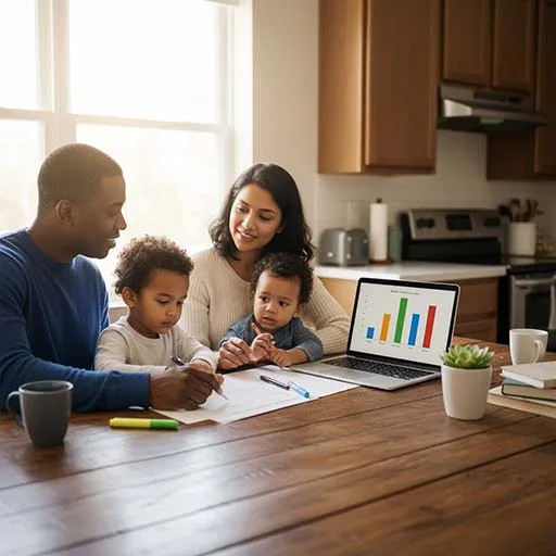 American family sitting at the kitchen table reviewing their monthly budget together.