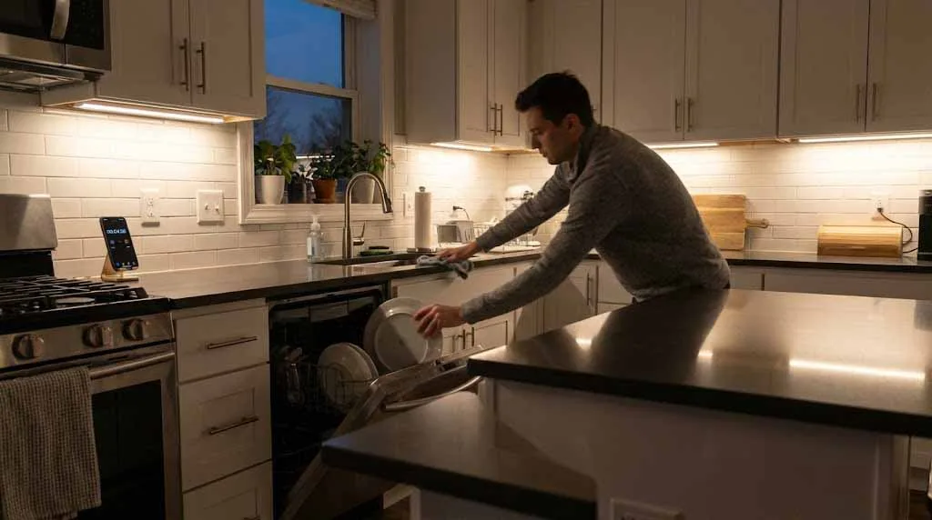 Person doing a 20-minute kitchen reset after dinner, clearing dishes and wiping counters.