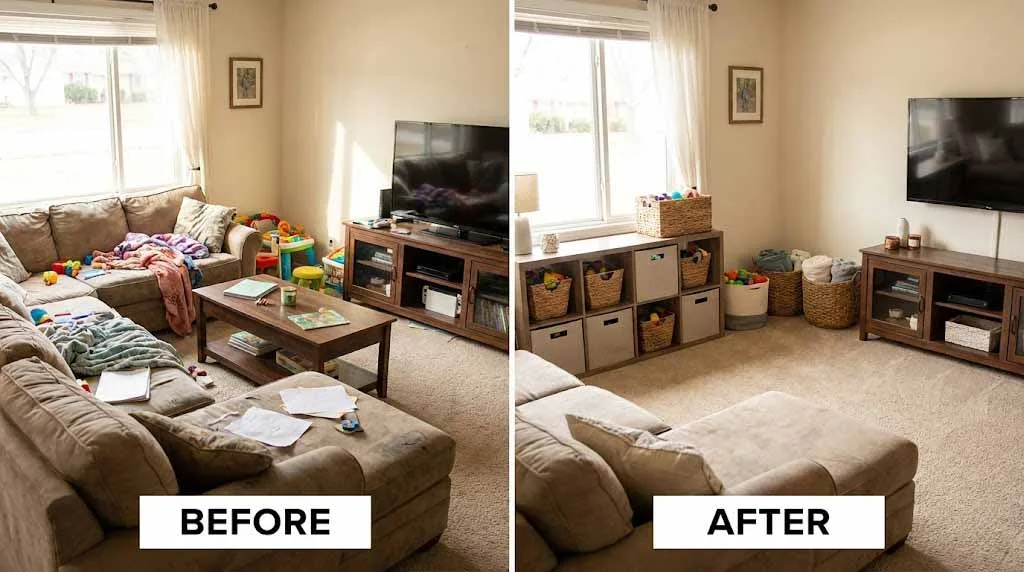 Before and after view of a family living room quickly decluttered with baskets and storage cubes.